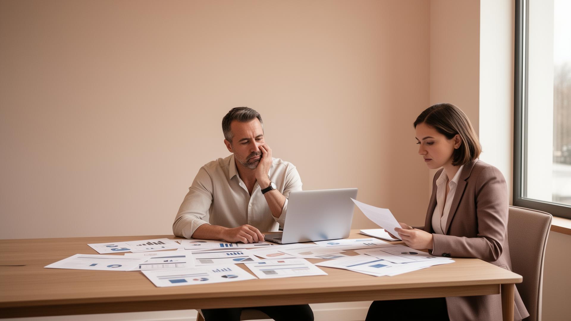 A company leader and HR partner thoughtfully reviewing reports spread across a desk