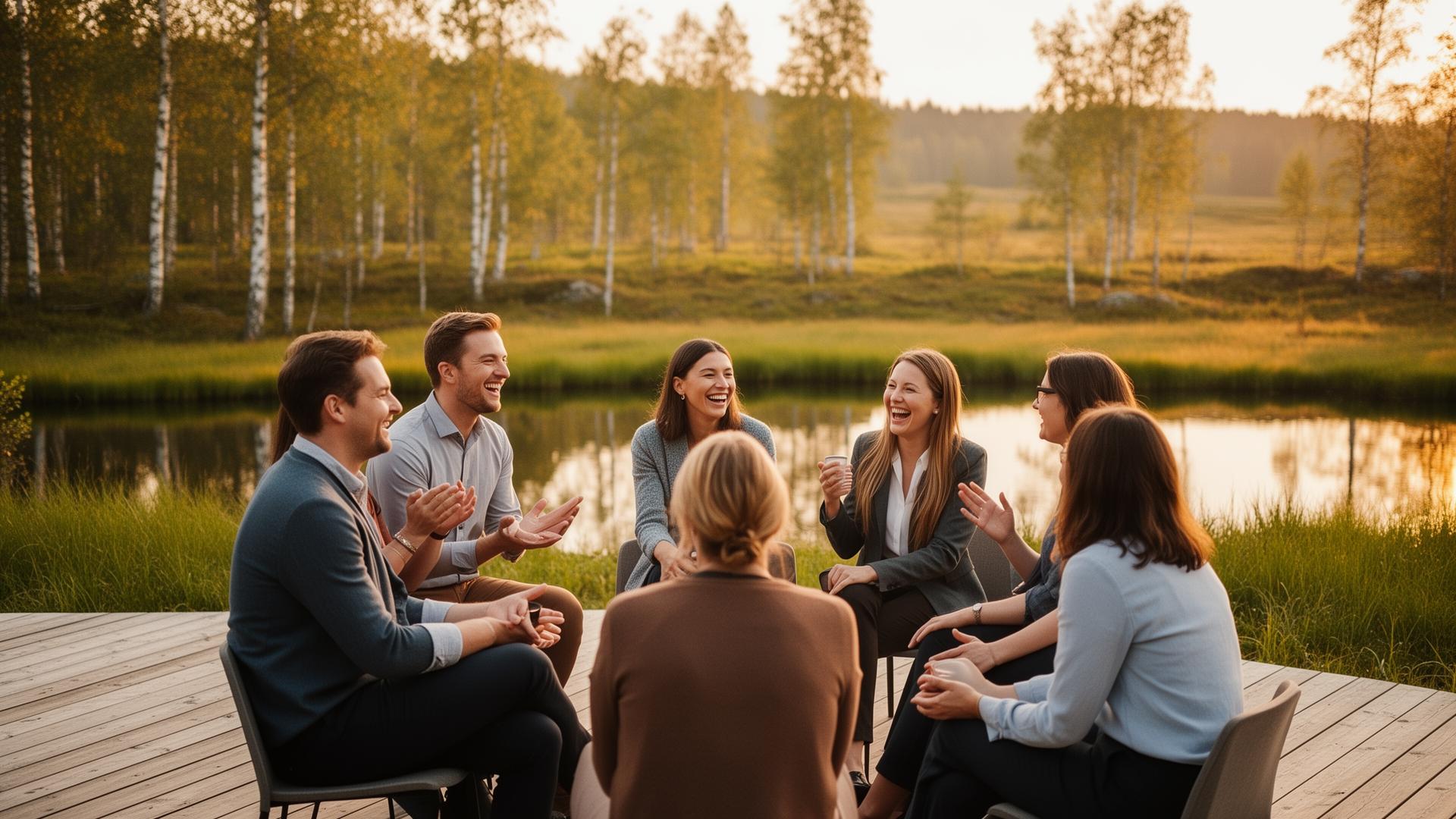 Team at a summer event by the lake having a conversation