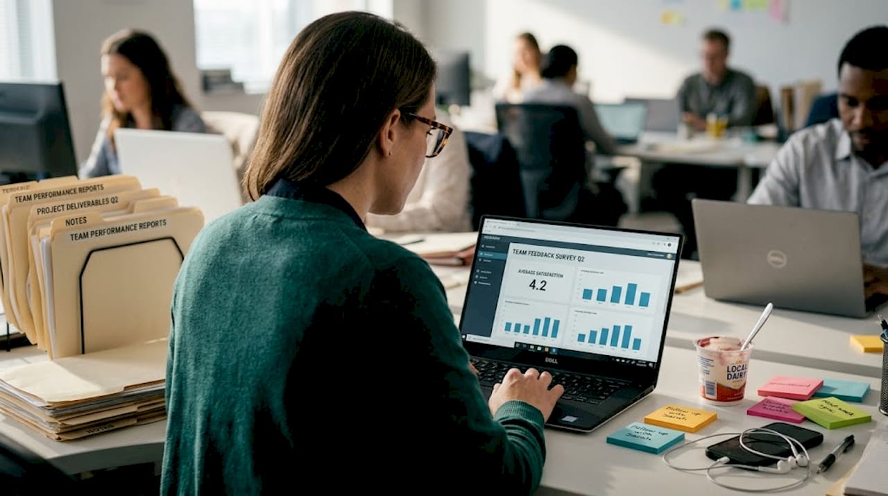 Manager reviewing feedback survey at shared desk