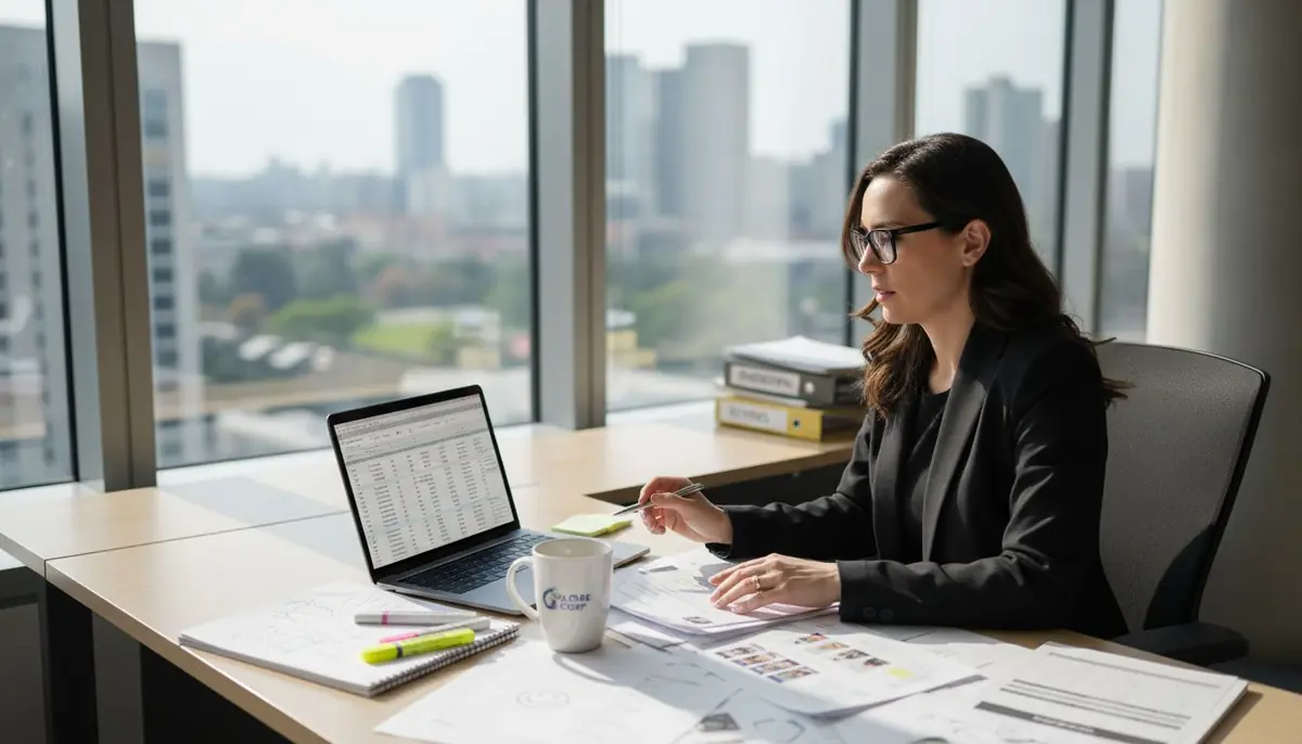 HR manager talent mapping at cluttered desk