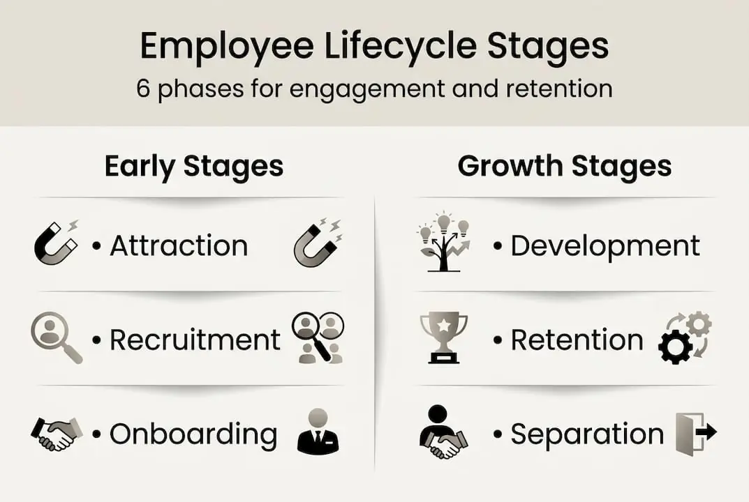 Infographic outlining six employee lifecycle stages