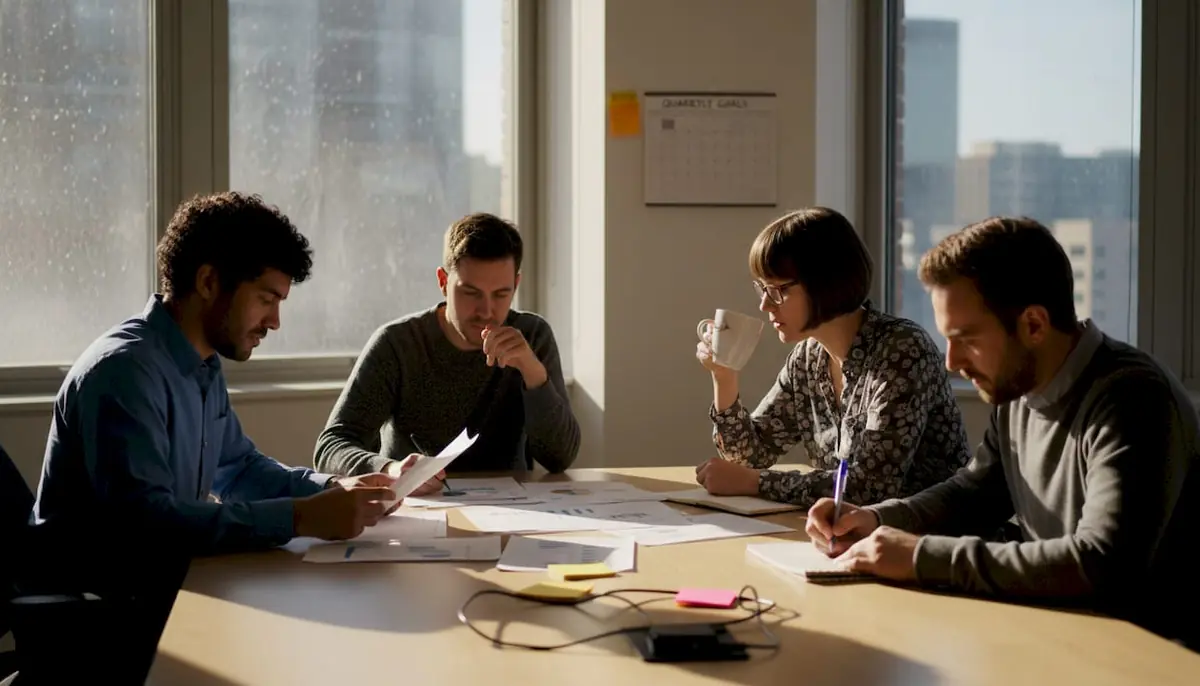 Coworkers collaborating in bright corner office