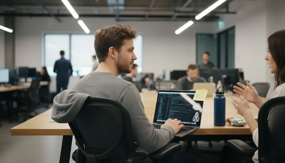 Developer discussing code at startup table