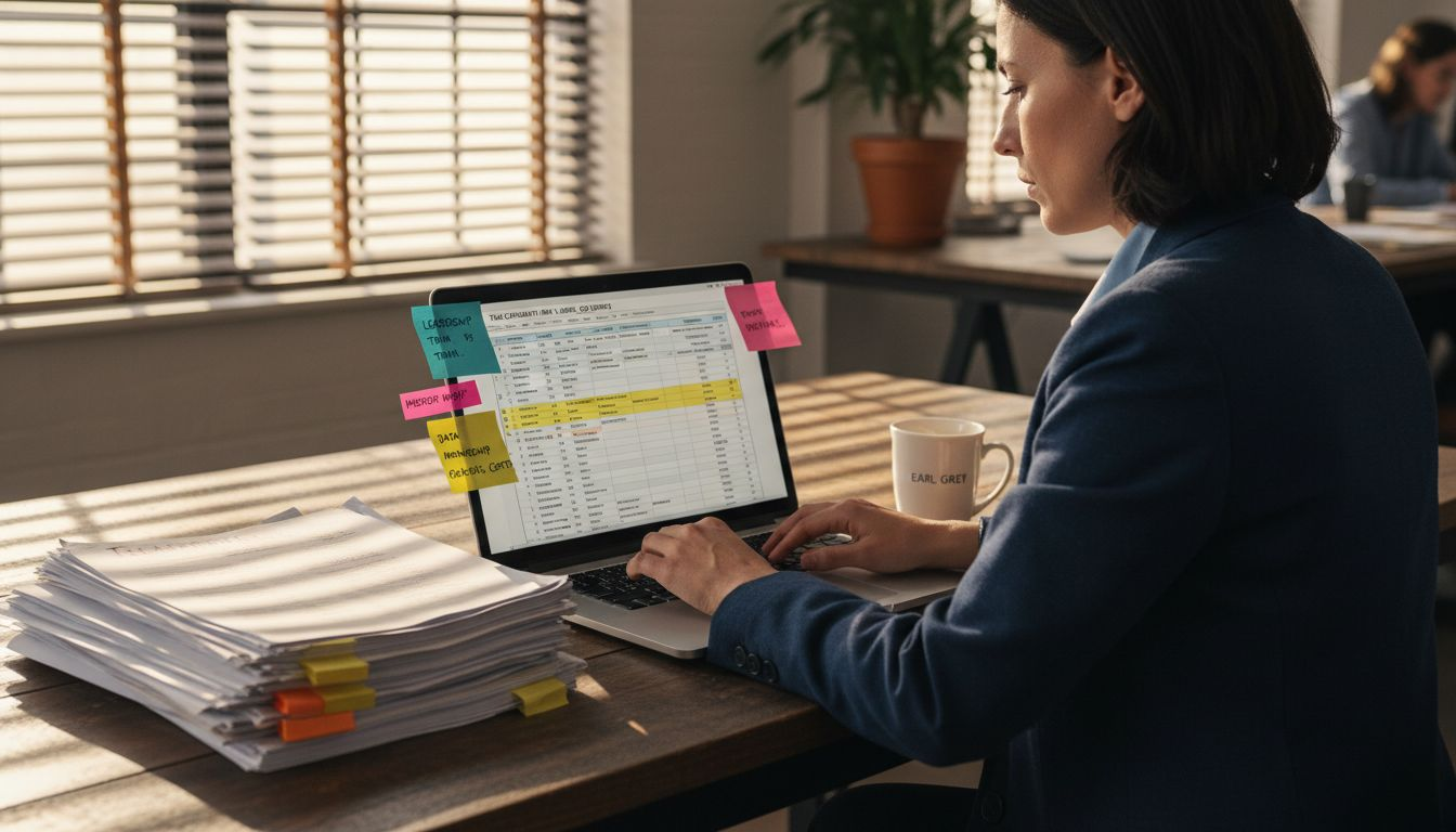 HR manager updating team mapping at desk