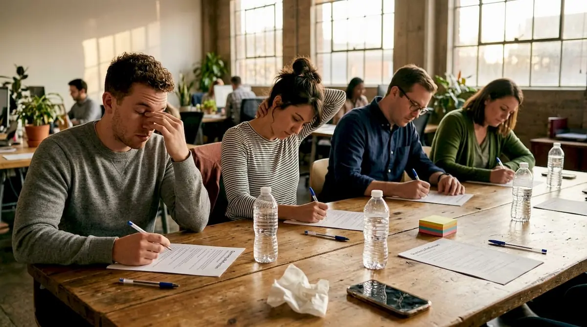Employees completing self-assessment in workspace