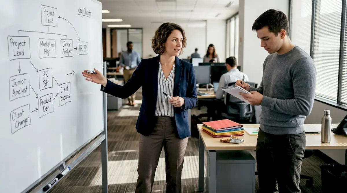 Manager assessing team roles at whiteboard