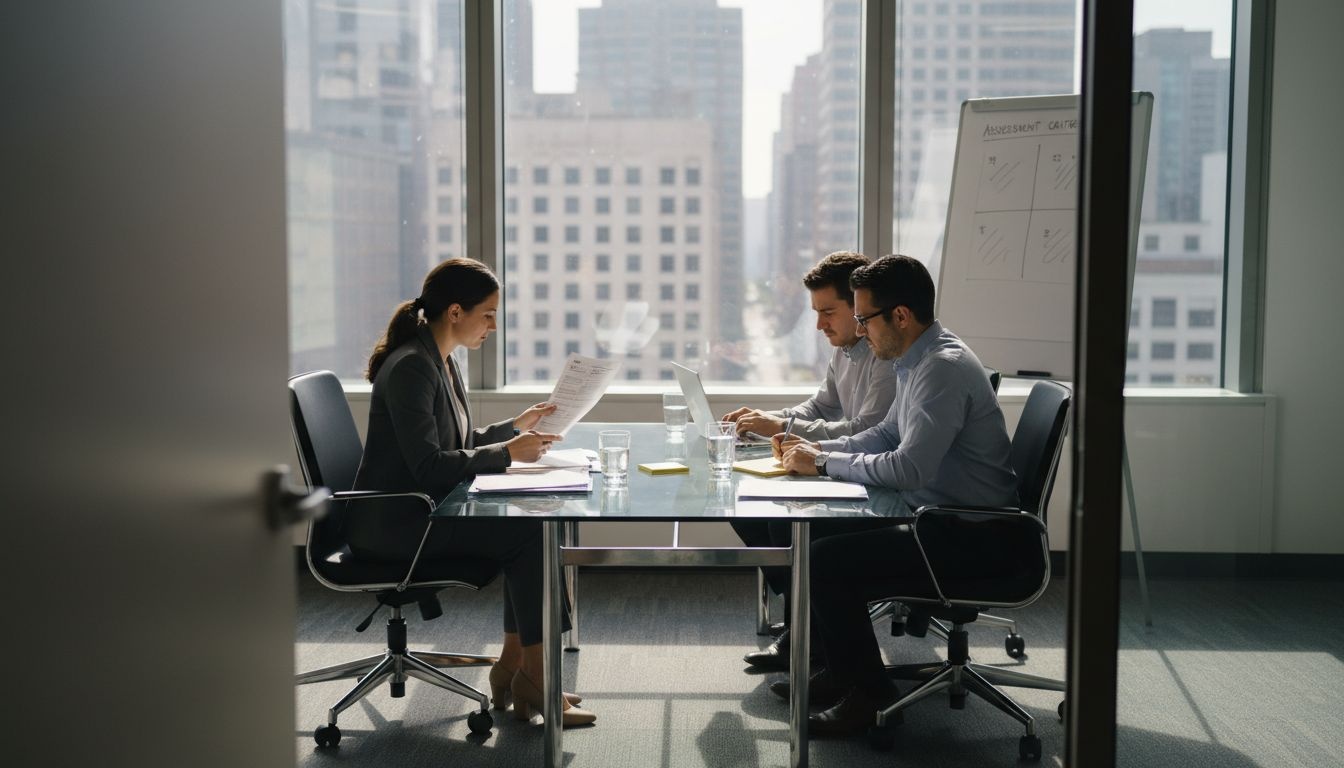 Team in corner office preparing for interviews