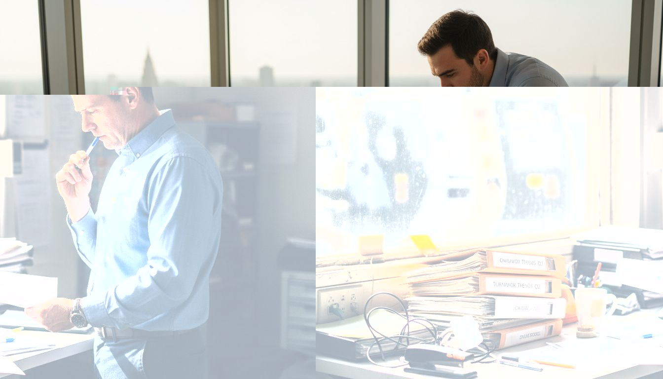 Manager studies turnover reports at cluttered desk