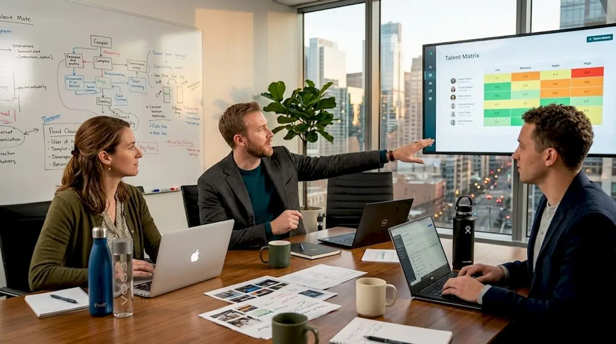 Team aligning on talent matrix during meeting