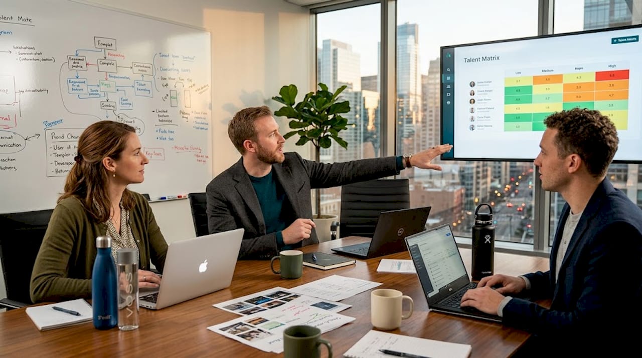 Team aligning on talent matrix during meeting