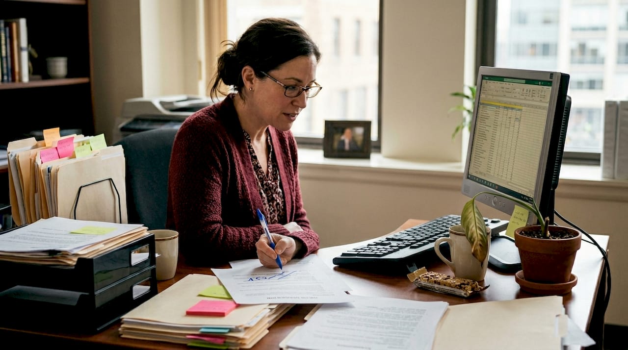 HR manager updating job descriptions at desk