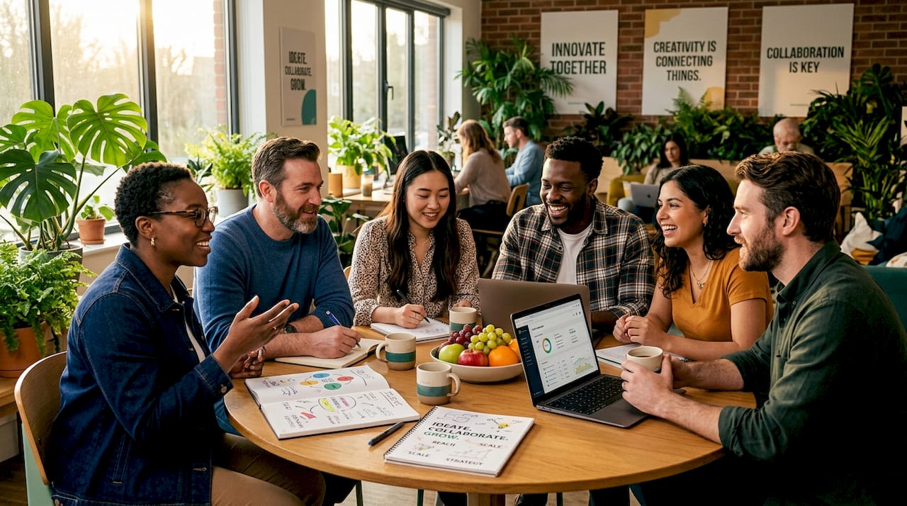 Team collaborating around a table in office