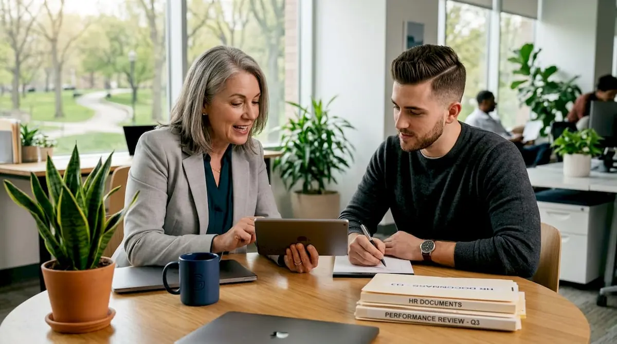 Mentor reviewing notes with younger colleague