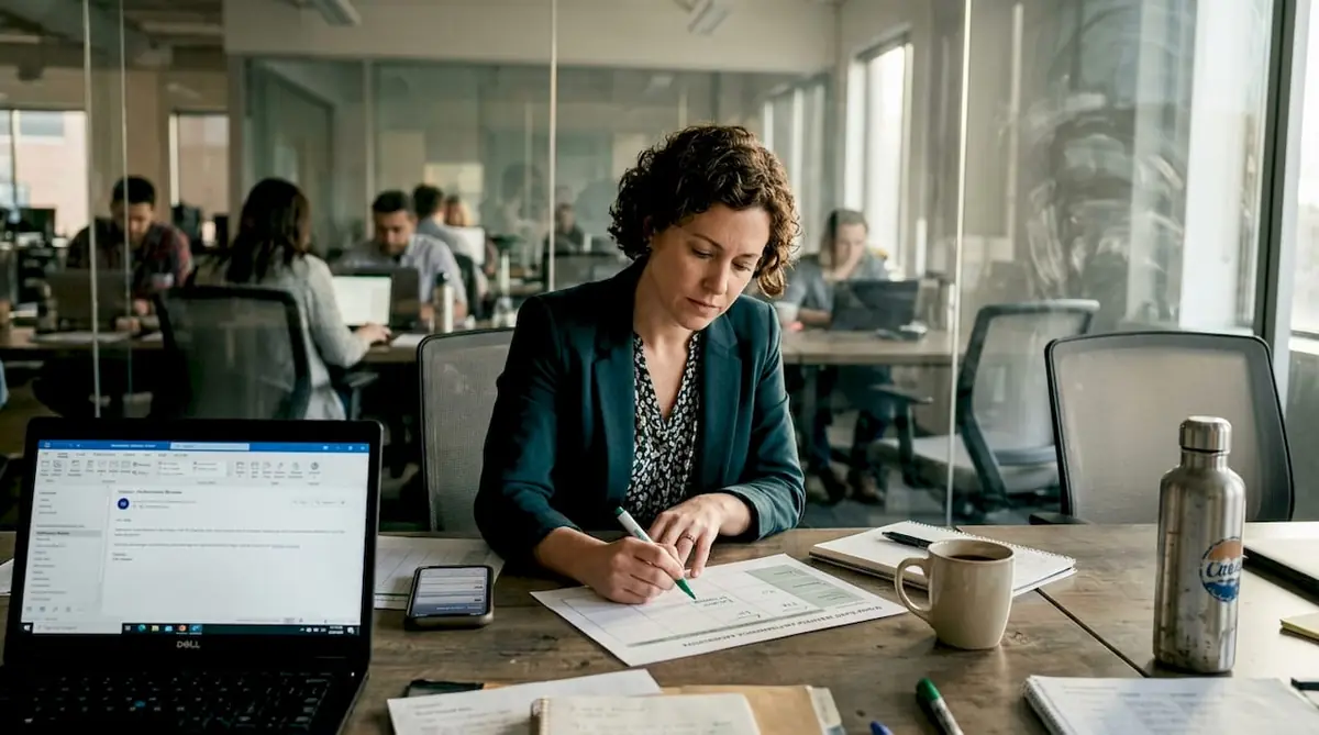 HR manager scoring employee grid at desk