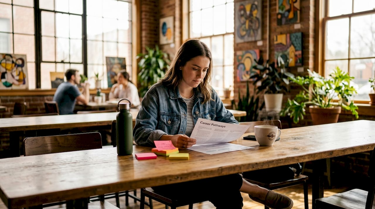 Employee reviewing career pathway diagram