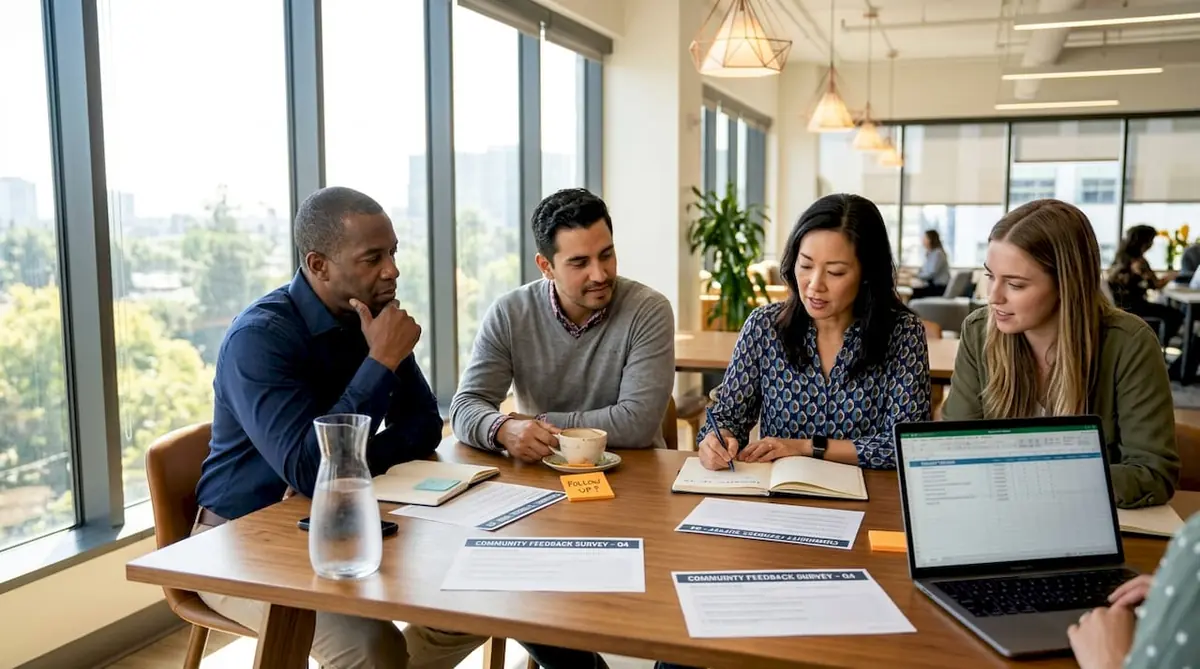 Employees reviewing survey results at office table
