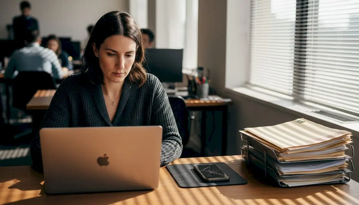 Focused employee working at cluttered desk