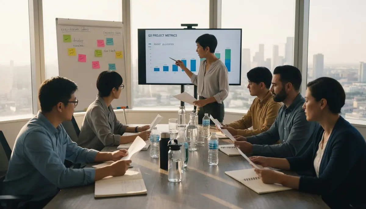 Team meeting reviewing workflow in office