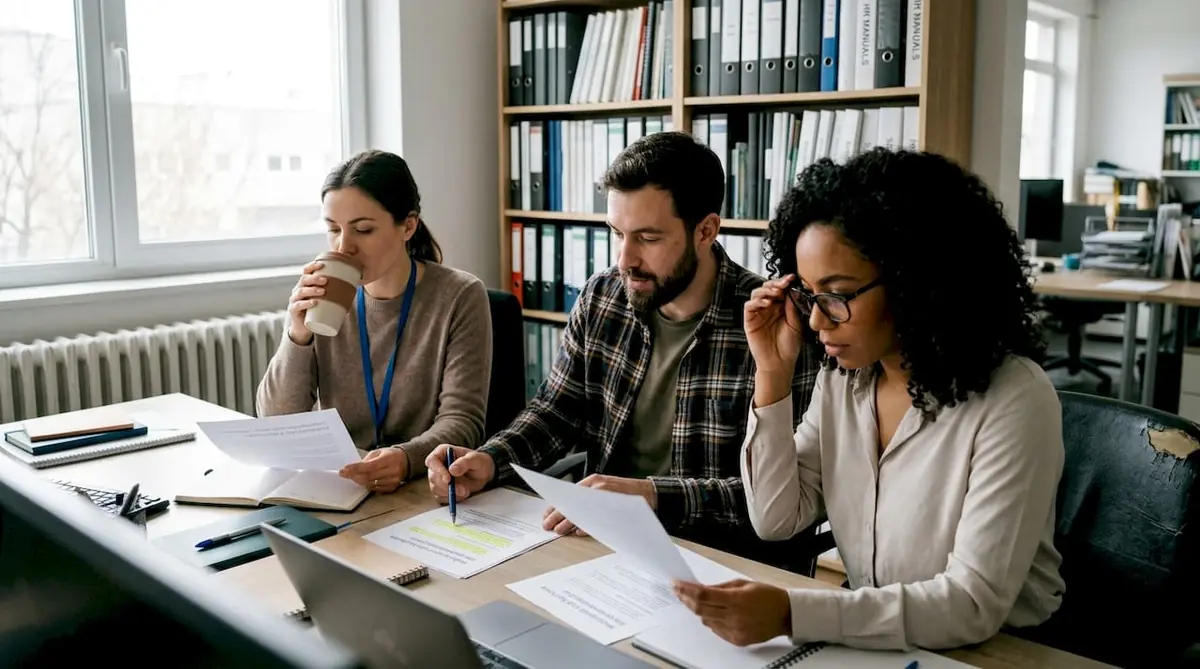Colleagues review redesigned job responsibilities together