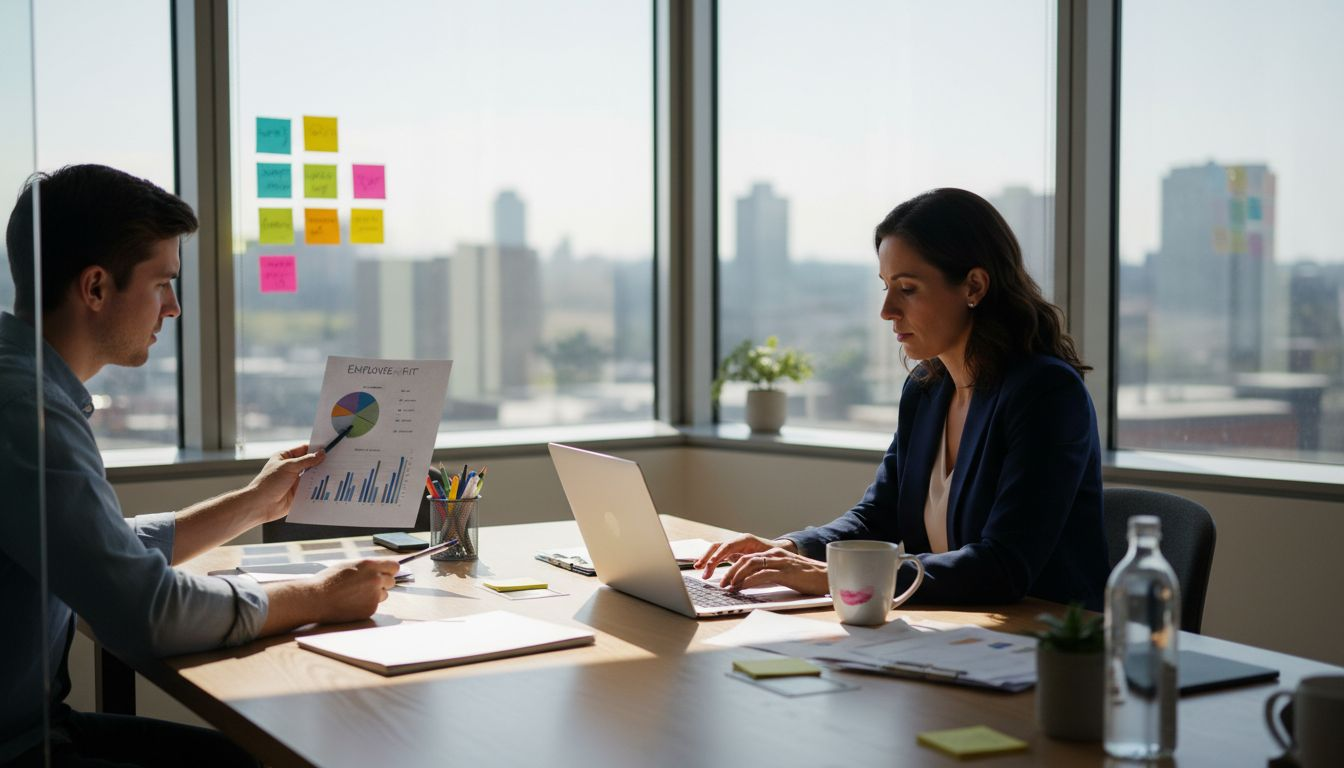 HR analyst reviews spreadsheet in bright office