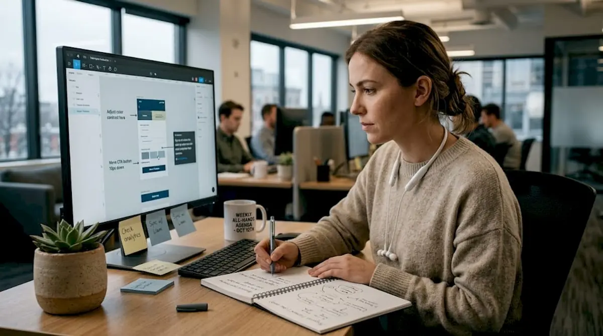 Employee reviews job redesign notes at desk