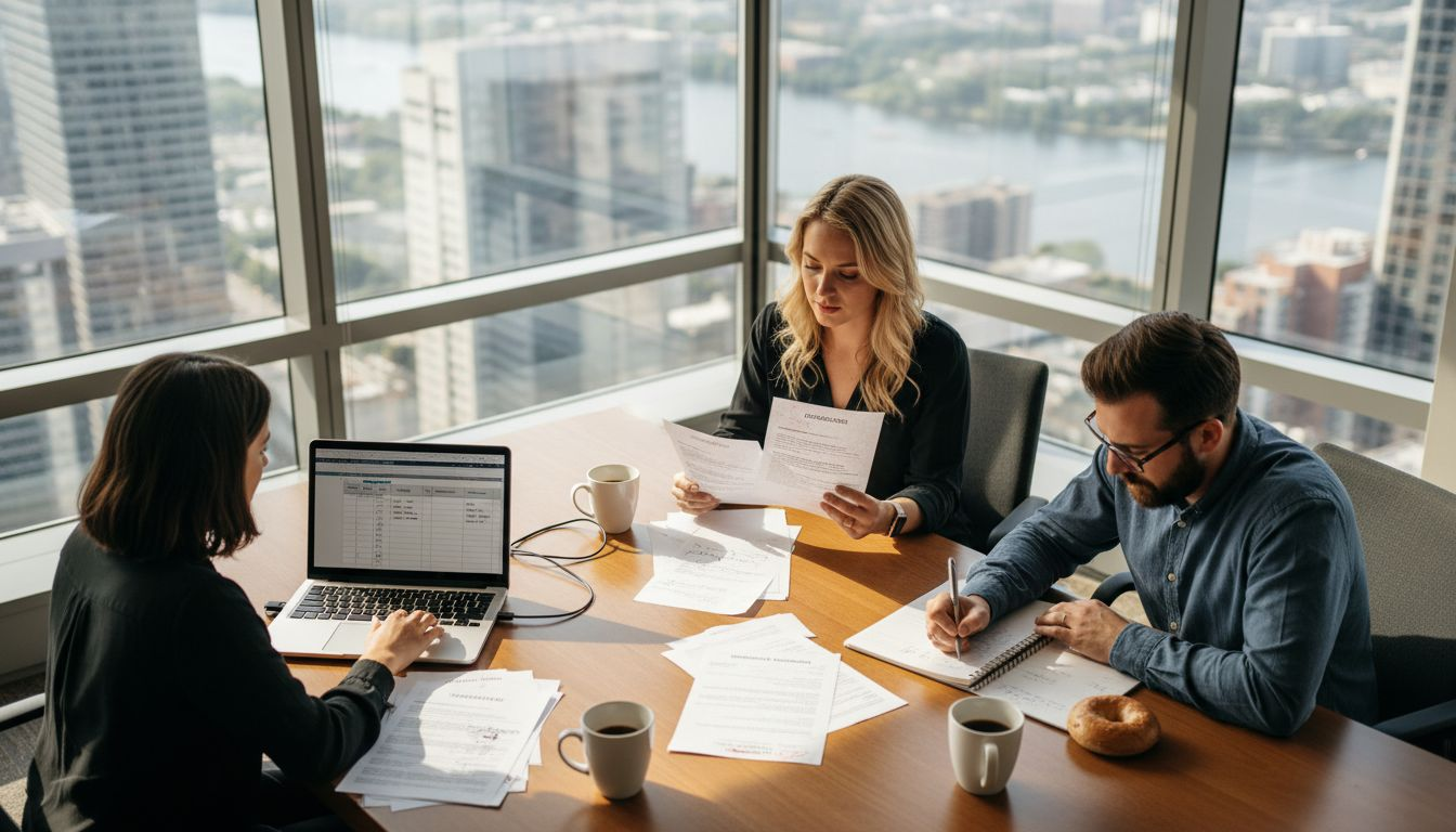 Team assessing talent in corner office
