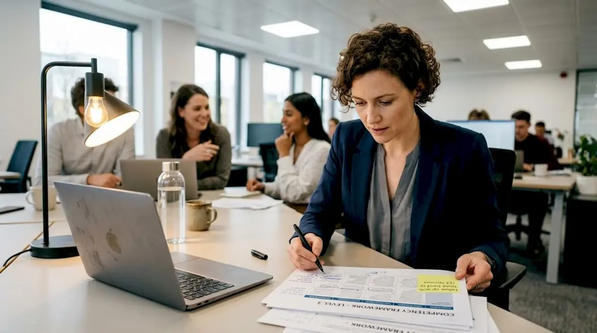 HR manager studying competency framework at desk