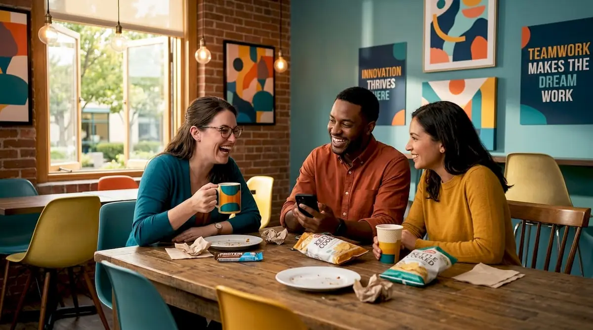 Coworkers sharing light moment in break room