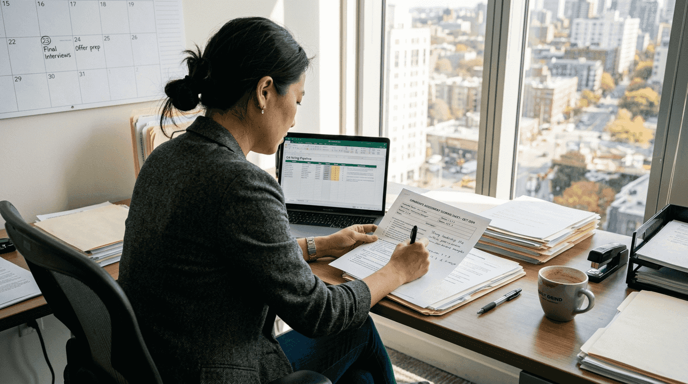 Hiring manager reviewing candidate assessments at desk