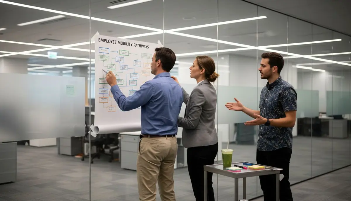 Employees discussing talent mobility process flowchart