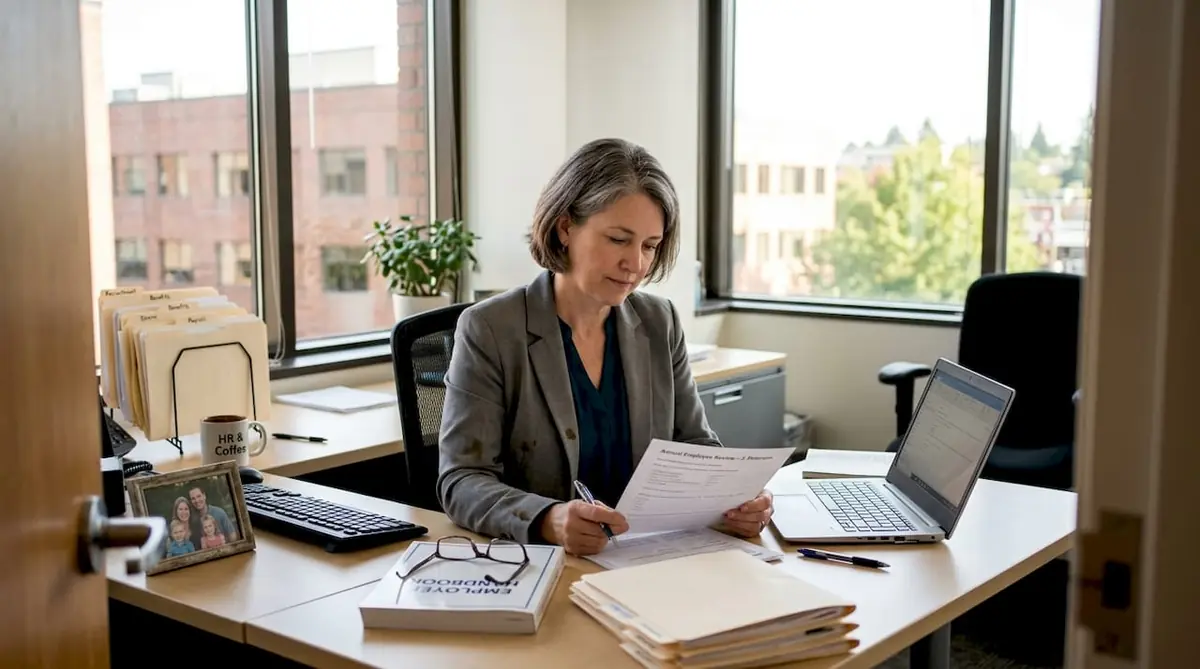 HR manager reviewing employee assessment paperwork