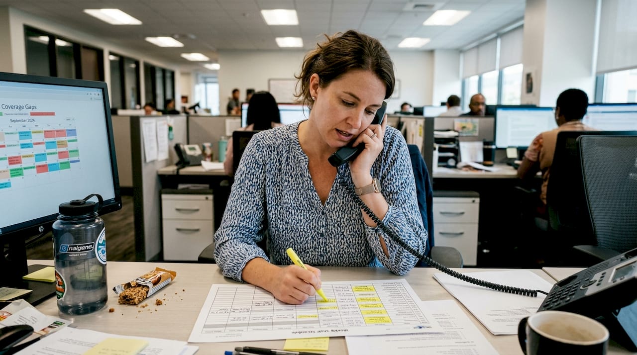 Manager reviewing employee shift schedule at desk