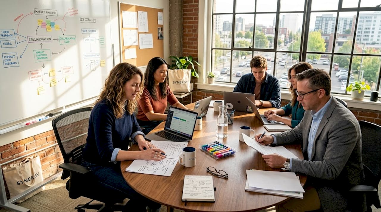 Team collaborating in sunlit conference room