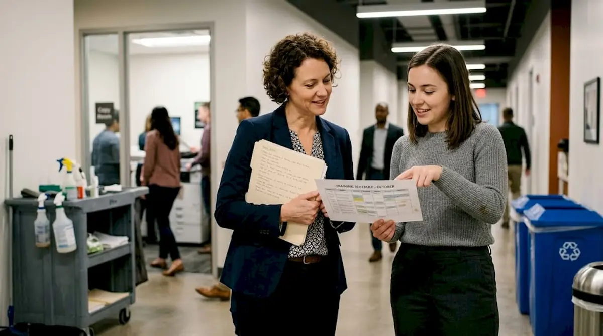 Manager coaching employee near copy room