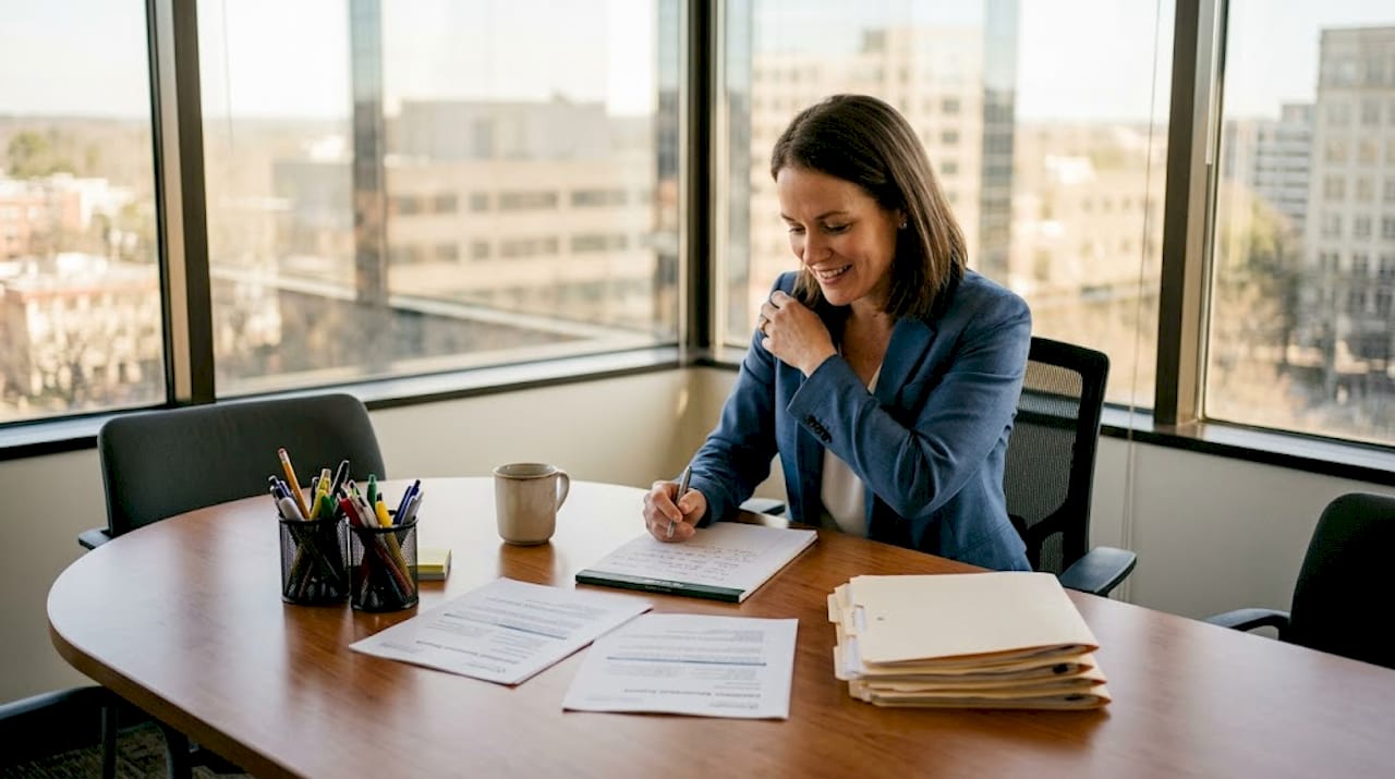 HR manager reviewing assessment paperwork