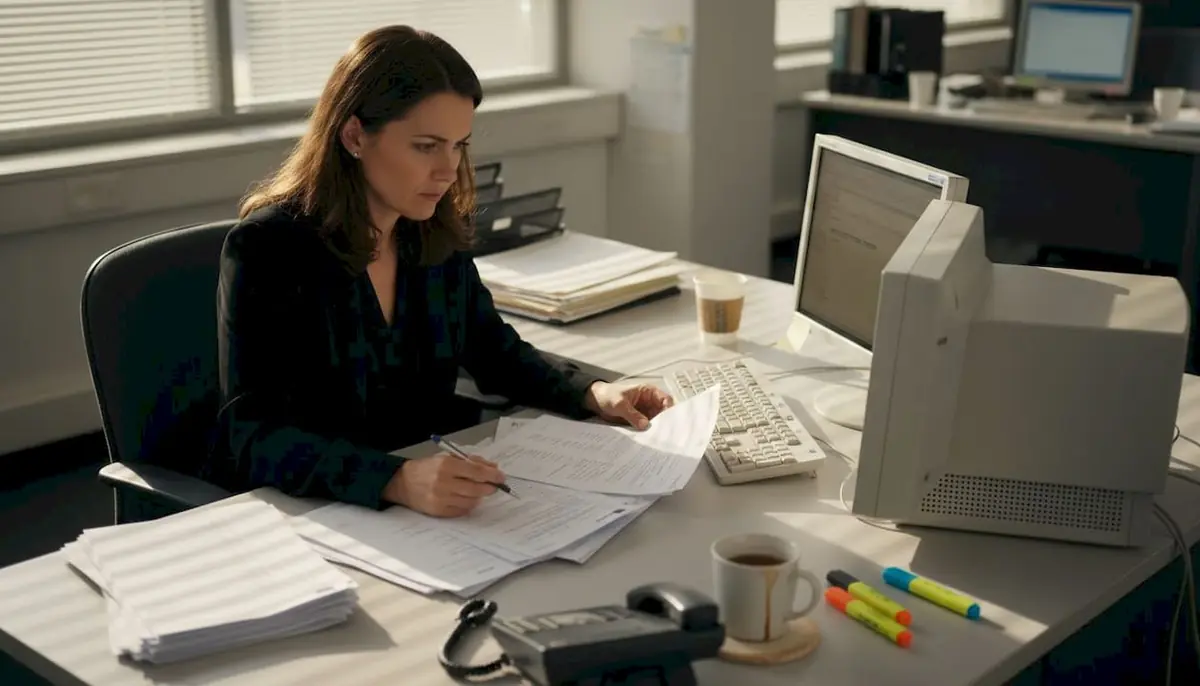 HR manager reviews printed resumes in office