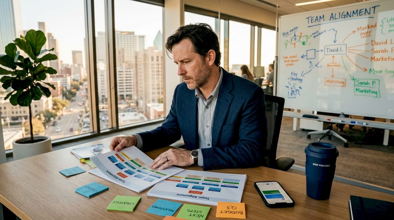 Business manager reviewing organizational design charts