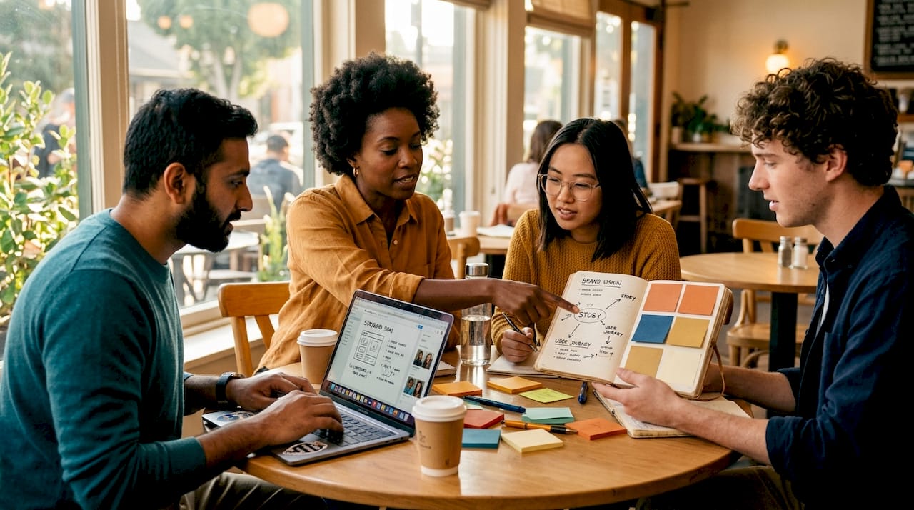 Diverse team collaborating around office table