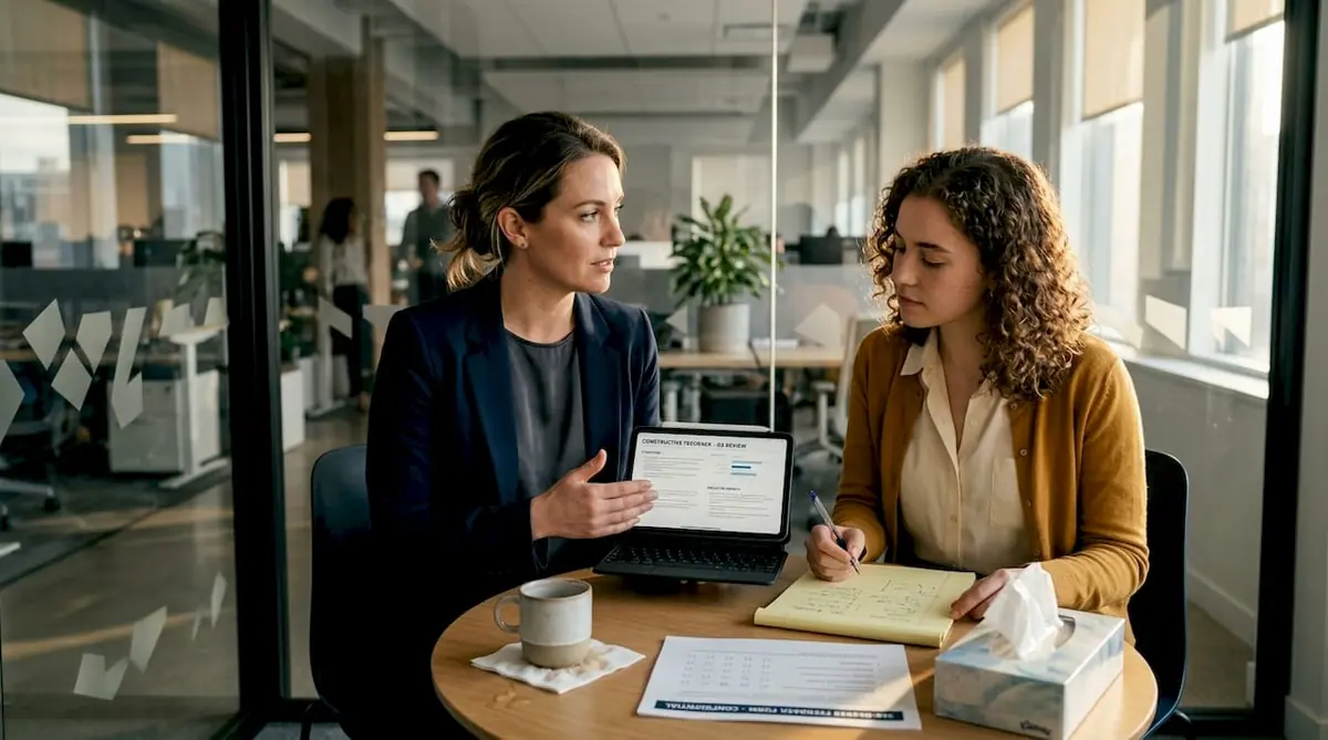 Manager giving employee feedback session