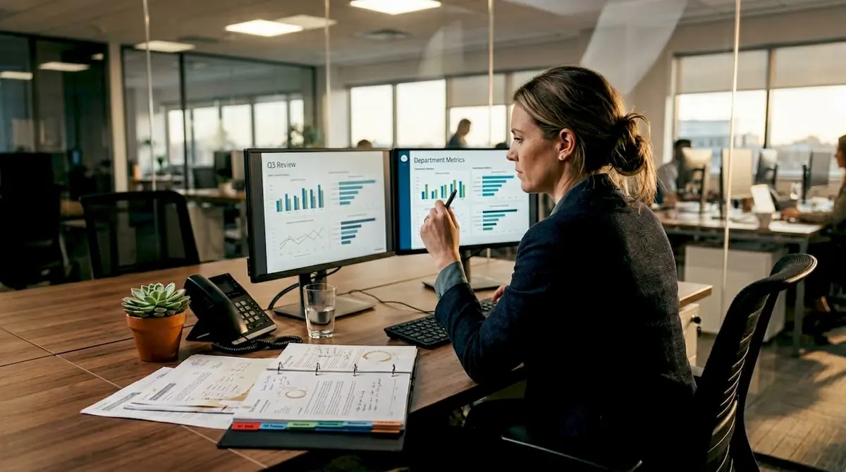 Manager reviewing employee performance reports