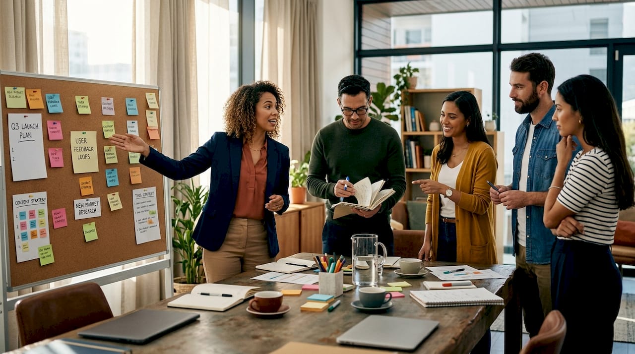 Agile team reviewing tasks in office