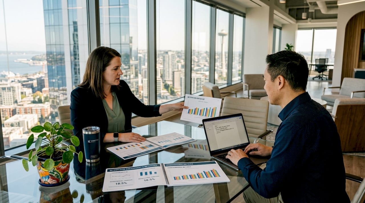 Executives reviewing printed HR analytics report
