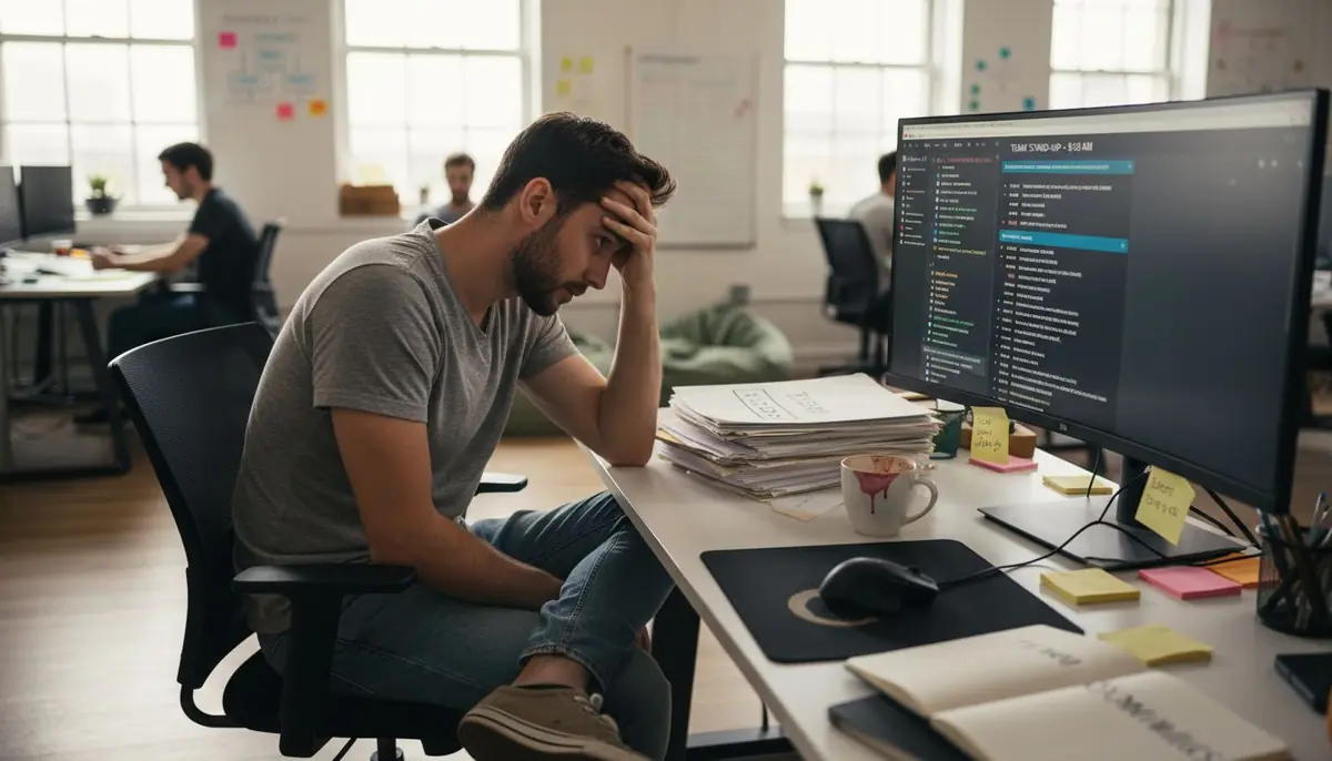 Software developer appears frustrated at work