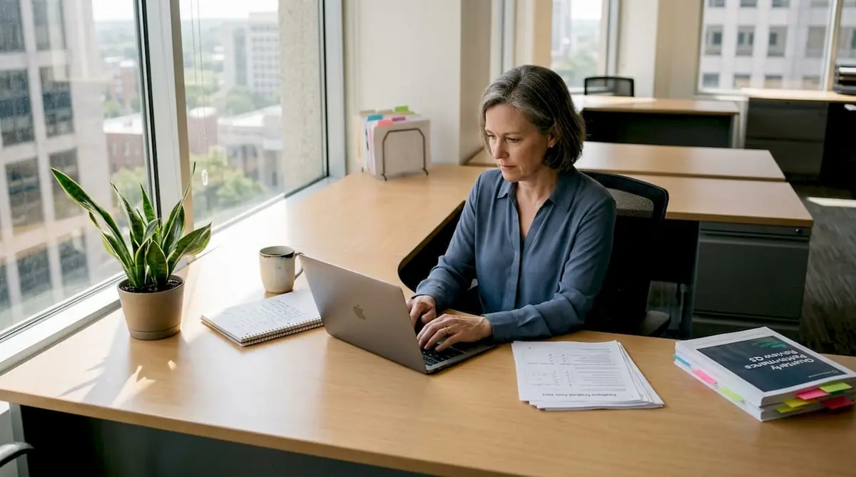 HR manager reviewing assessment forms in office