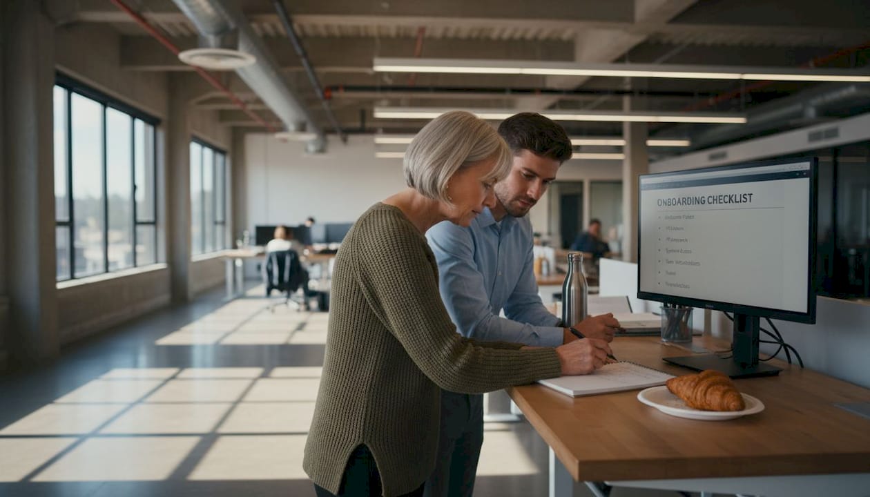 Mentor and new hire collaborating at standing desk