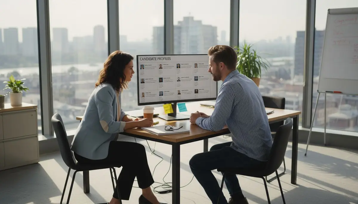 Two HR staff reviewing candidates at bright office table