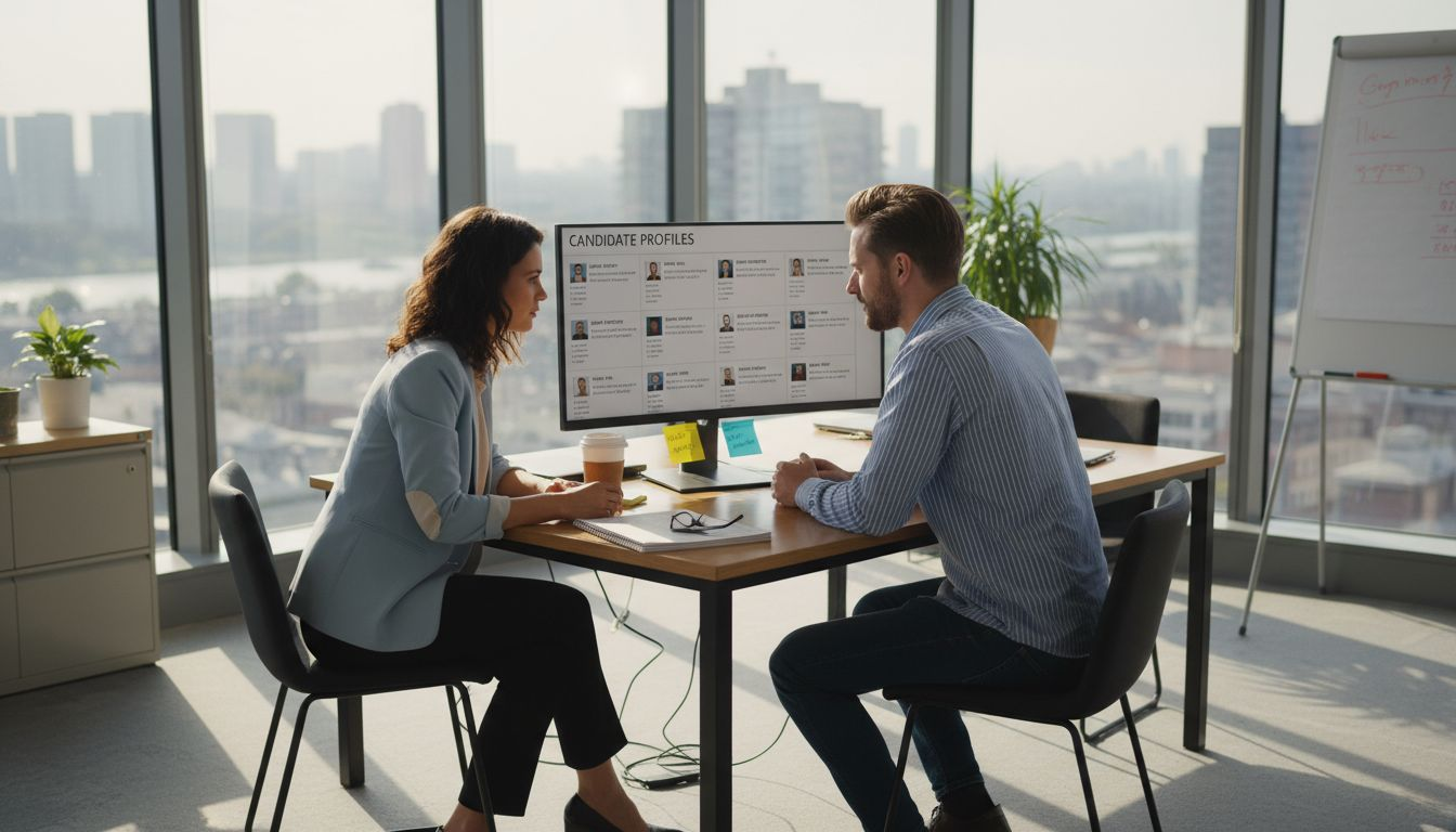 Two HR staff reviewing candidates at bright office table