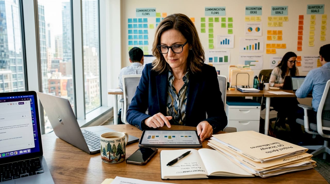 Manager reviewing team dynamics survey in office
