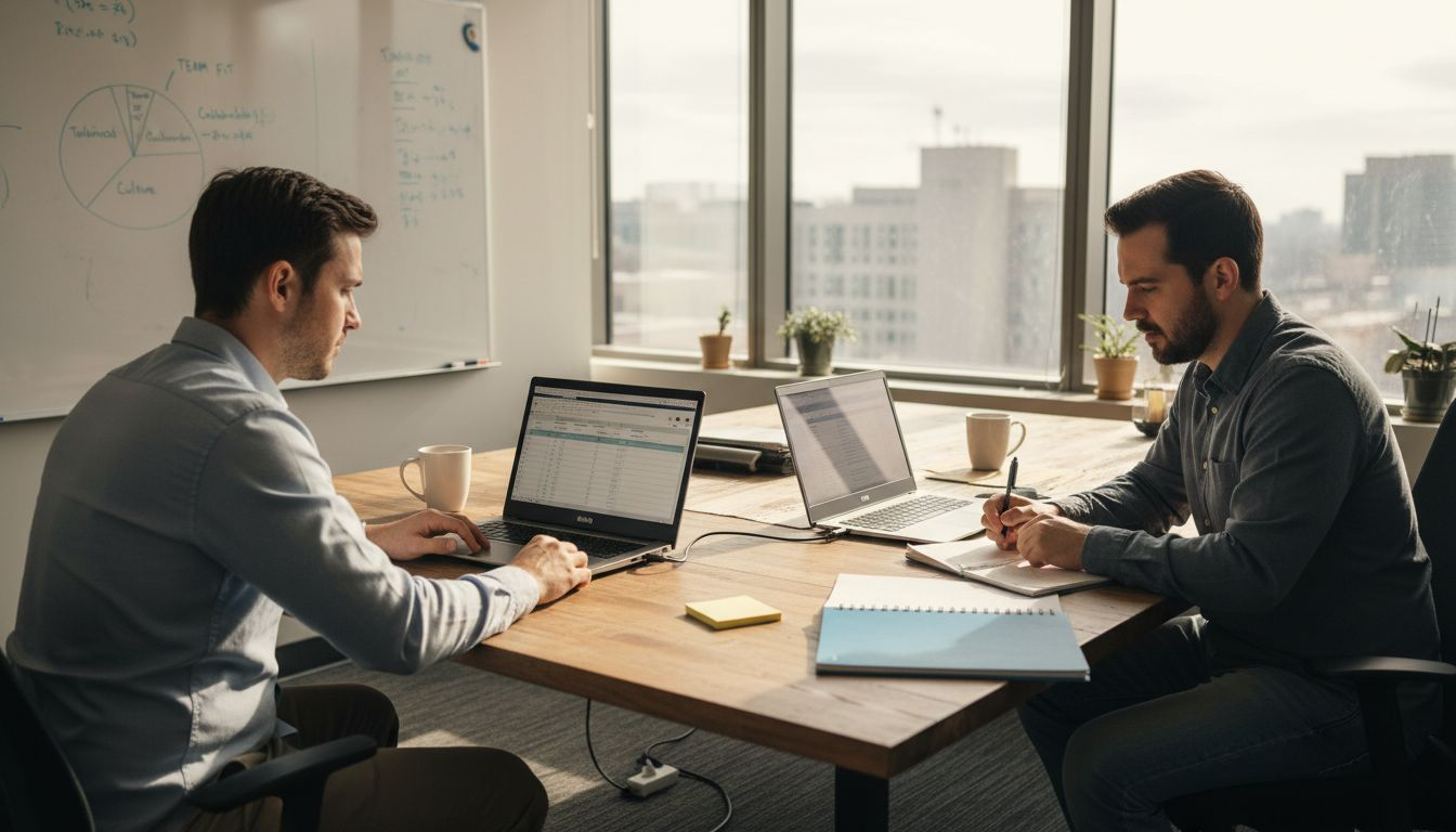 Engineers evaluating employee fit in office
