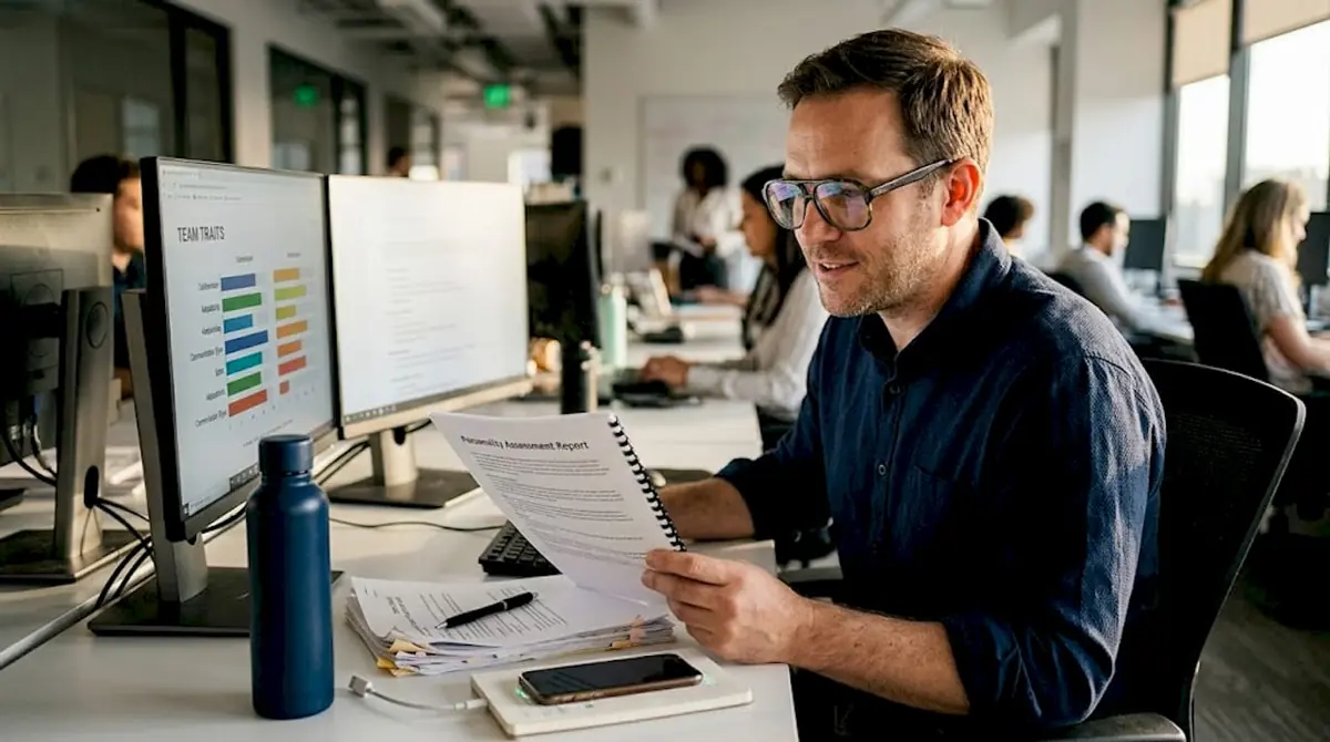 HR manager reviews personality test at desk